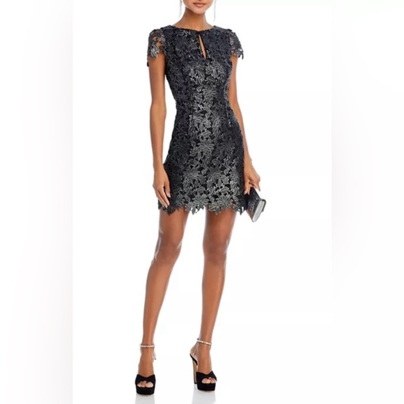 NWT Milly Shayna Foiled Guipure Dress 6 Black Silver Lace - Picture 3 of 12
